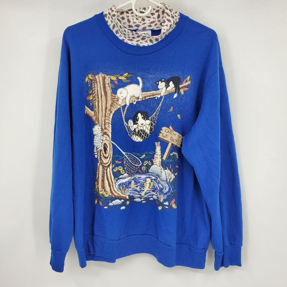 Vintage Basic Editions Catch of The Day Puppy Cats Grandma Core‎ Fall Sweater 1X